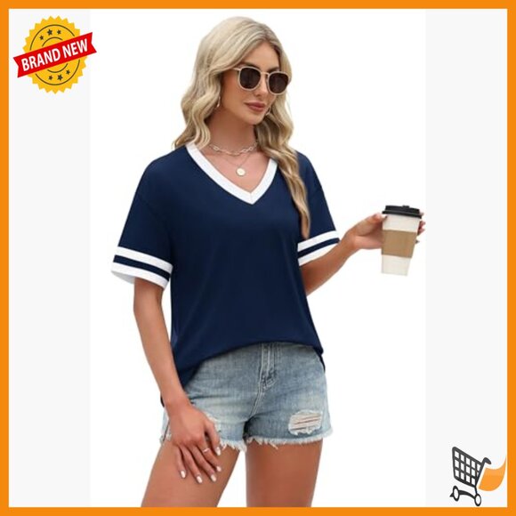 Loose Fit V-Neck Short Sleeve Tee, Color Block Summer Top, OEKO-TEX Certified - Picture 4 of 7